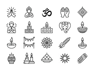 Diwali and Festival Line Icons Set for Celebration, Tradition, and Culture
