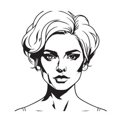 Black and white close up illustration of a beautiful woman face minimalist elegant line art drawing