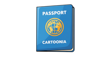A cartoon style passport with the word passport and cartoonia and a globe on a blue background on transparent background