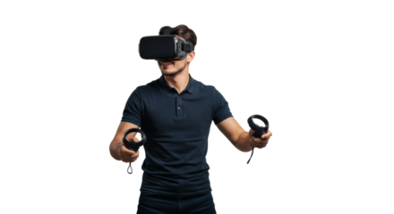 A man wearing a vr headset and holding controllers against a black background in a studio setting on transparent background