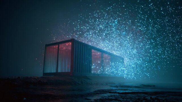 Surreal dark landscape featuring a solitary modern container home with glowing red interior lights, releasing a spectacular stream of bright blue and pink particles into the night air