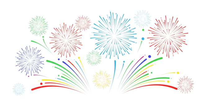 An illustration of colorful fireworks exploding against a black background in a celebratory display on transparent background
