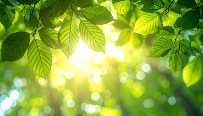 Vibrant green leaves with sunlight filtering through, creating serene and fresh atmosphere