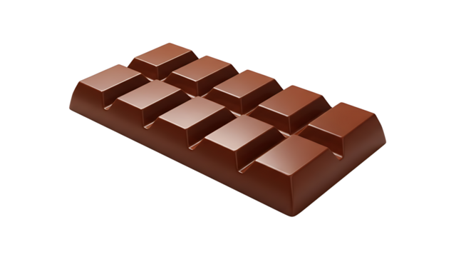 A close up view of a chocolate bar with distinct segments against a black background in studio lighting on transparent background