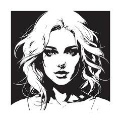 Black and white close up illustration of a beautiful woman face minimalist elegant line art drawing