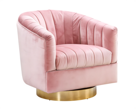 Pink velvet swivel chair with gold base isolated on a transparent background pink chair 3 - Powered by Adobe