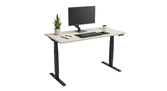A standing desk with a monitor, keyboard, mouse, plant, and other accessories on a black background on transparent background