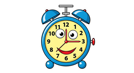 A cartoon alarm clock with a smiling face and googly eyes on a black background showing the time is three on transparent background