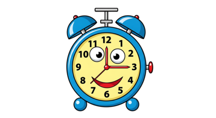 A cartoon alarm clock with a smiling face and googly eyes on a black background showing the time is three on transparent background