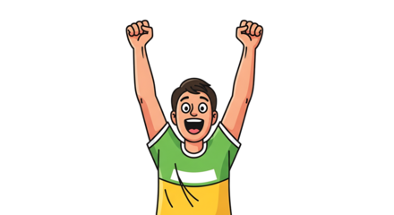 A cartoon man with arms raised in celebration against a black background expressing joy and excitement on transparent background