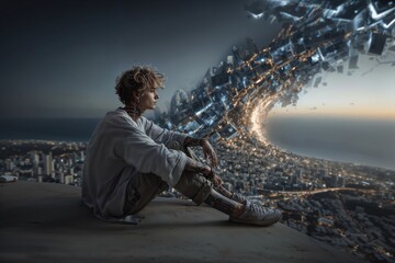 Young Man Sitting On A City Edge, Gazing Toward Surreal Tunnel Of Lights And Cityscape