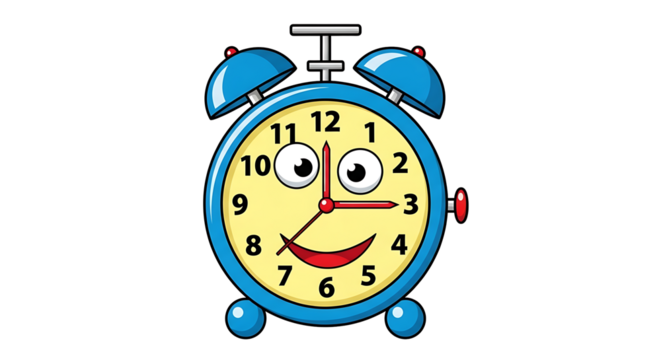 A cartoon alarm clock with a smiling face and googly eyes on a black background showing the time is three on transparent background