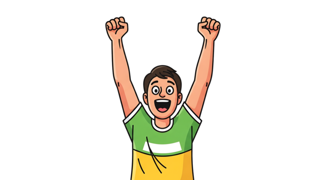 A cartoon man with arms raised in celebration against a black background expressing joy and excitement on transparent background