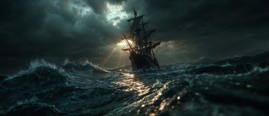 Stormy Sea Night Voyage: Lone Ship Battles Waves Under Dark Clouds with Sun Rays