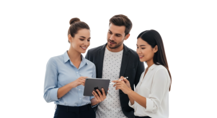Three colleagues collaborating on a project looking at a tablet device in a bright office setting indoors on transparent background