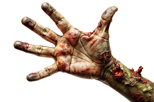 Decaying zombie hand isolated and realistic with no background or shadow for horror projects isolated on transparent background