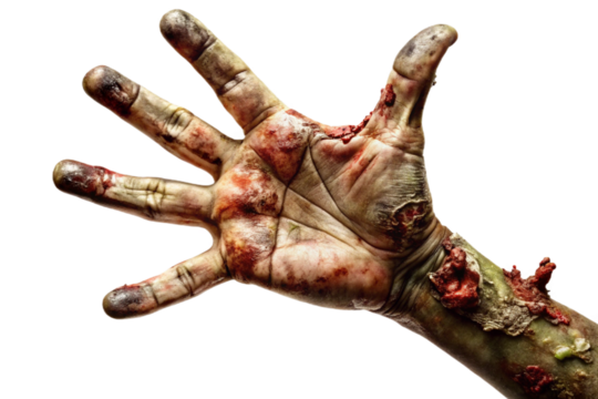Decaying zombie hand isolated and realistic with no background or shadow for horror projects isolated on transparent background
