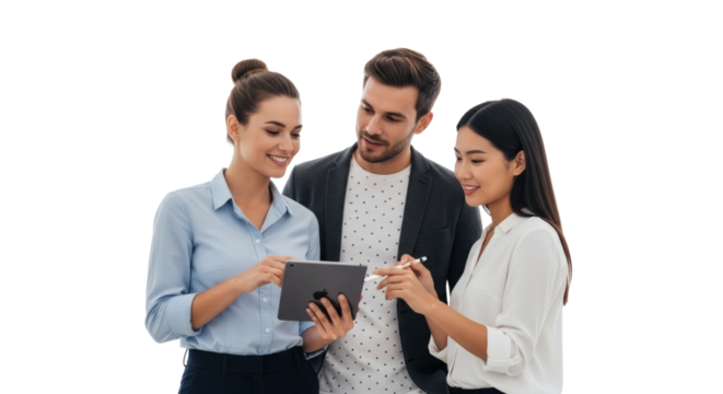 Three colleagues collaborating on a project looking at a tablet device in a bright office setting indoors on transparent background