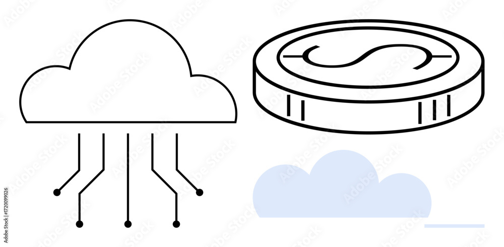 Poster cloud interconnected with thin lines, digital coin with dollar sign, and minimal cloud graphic. idea