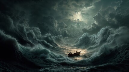 Moonlit Boat Navigating Massive Stormy Waves Across A Dark Sea Under Cloudy Sky