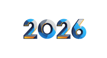 A vibrant rendering of the year two thousand twenty six with geometric and colorful design elements on black on transparent background