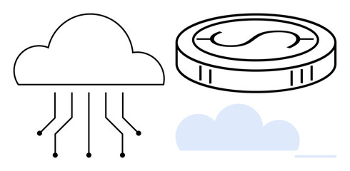 Cloud interconnected with thin lines, digital coin with dollar sign, and minimal cloud graphic. Ideal for finance, technology, data storage, digital economy, online services, cryptocurrency simple