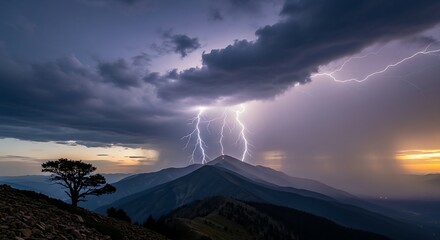 Dramatic lightning storm illuminates mountain peaks at sunset, showcasing a lone pine tree silhouetted against the dramatic sky.