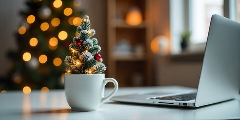 Flocked mini Christmas tree in ceramic mug with laptop and holiday bokeh background