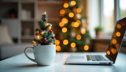 Mini Christmas tree in white mug on desk with laptop and blurred festive lights