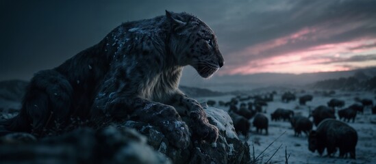 Snow Leopard Resting On Snowy Rock At Dusk With Herd In Remote Winter Landscape