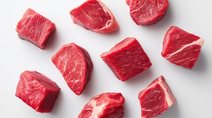 Fresh cuts of red meat arranged artistically on a clean white surface, showcasing various textures and marbling, ideal for culinary presentations and food photography