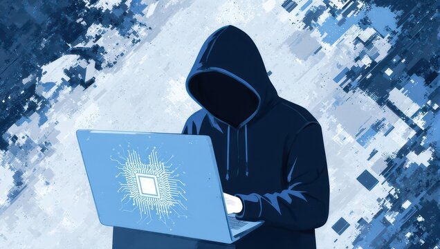 Mysterious hooded figure intensely coding on a laptop displaying a digital circuit board, symbolizing cyber threats and digital security.