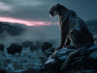Majestic Cougar Seated on Snowy Rocks Watching Bison Herd at Dusk