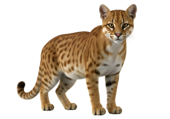 A detailed image of a captivating wild cat, showcasing its rich brown and tan fur pattern against a stark black background.