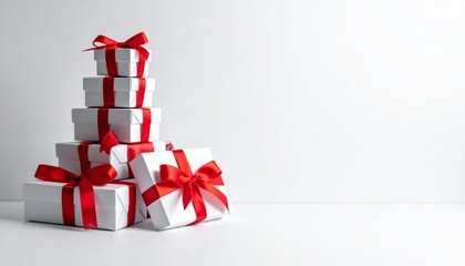 Stacked gift boxes with red ribbons on white background create festive and elegant atmosphere