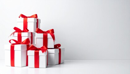 White gift boxes with red ribbons stacked on white surface, creating festive and elegant atmosphere