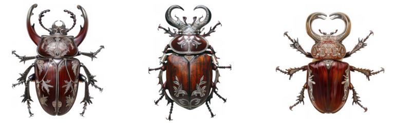 Three rhinoceros beetles with impressive horns isolated on transparent background