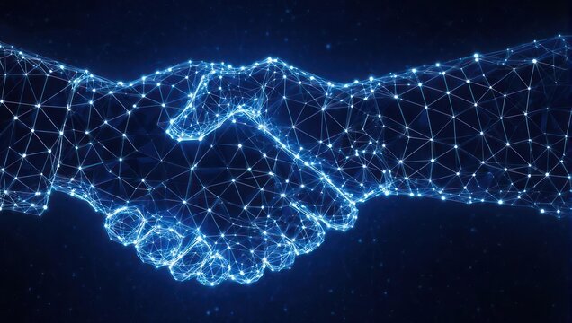 Dynamic digital handshake symbolizes global connection and futuristic business collaboration, inspiring trust and innovation in technology.
