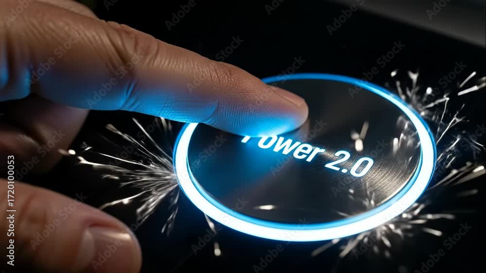 Poster finger pressing futuristic power button - close-up of a finger activating a glowing 
