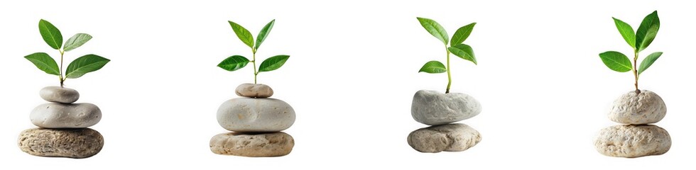 Fototapeta premium Four small green plants growing from stacked stones isolated on transparent background