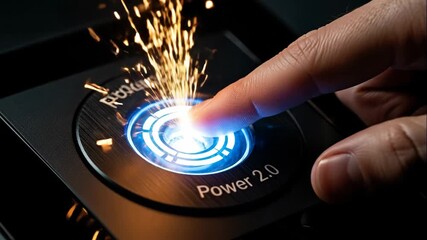 Finger Pressing Glowing Power Button - Close-up shot of a finger activating a futuristic power button, sparks emanating from the button as it glows brightly. The button is labeled "Power 2.0".