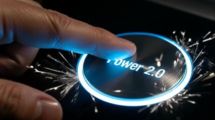 Finger Pressing Futuristic Power Button - Close-up of a finger activating a glowing "Power 2.0" button. Sparks emanate from the button as it is pressed, suggesting a powerful activation.