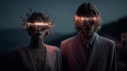 Two Adults In Pastel Suits With Glowing Eyes In Dreamlike Twilight Portrait, Surreal Fashion Series
