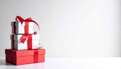 Gift boxes with red ribbons stacked on white surface, creating festive and elegant atmosphere