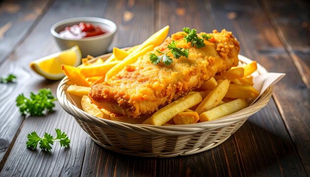 Crispy fried fish and golden chips served in a basket with lemon and ketchup.