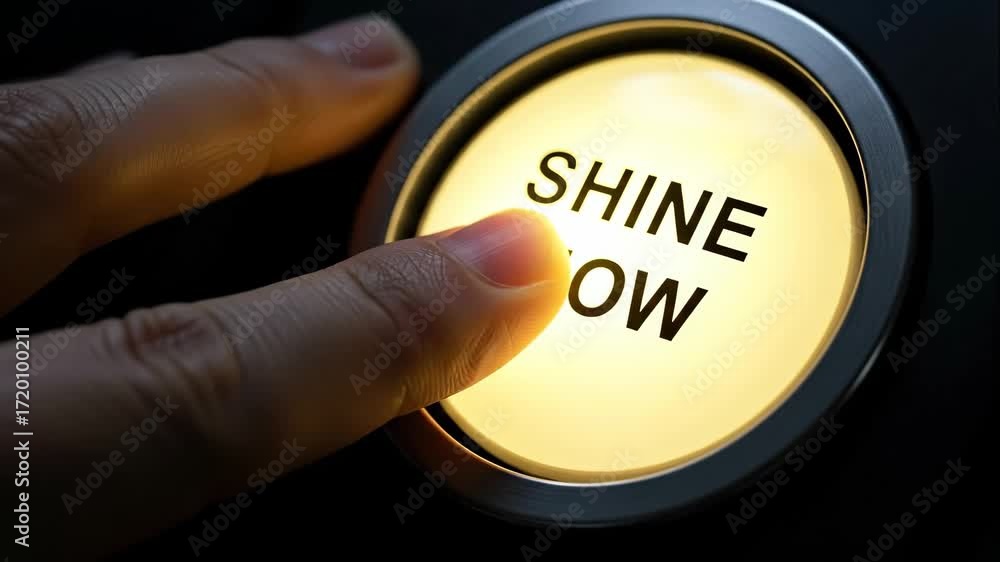 Poster shine now button press - close-up macro shot of a finger pressing a glowing button that reads 