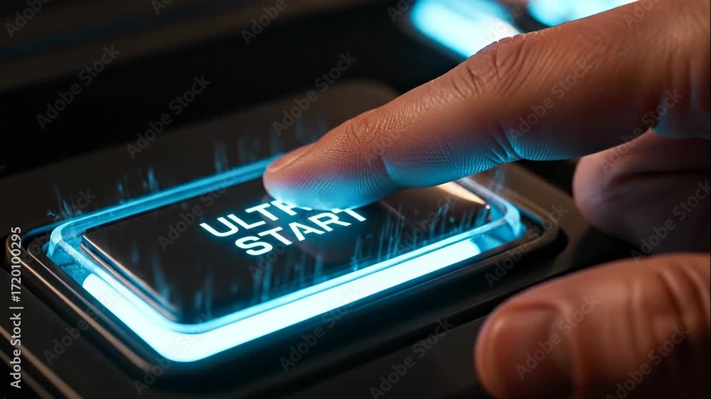 Poster hand pressing futuristic ultra start button - close-up of a hand activating a glowing 