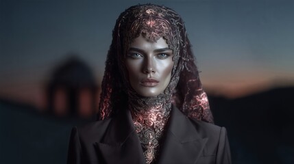 Fashion Portrait: Woman In Lace Hijab And Dark Suit At Sunset