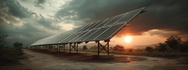 Solar Power Field at Sunrise with Golden Light and Dramatic Skies