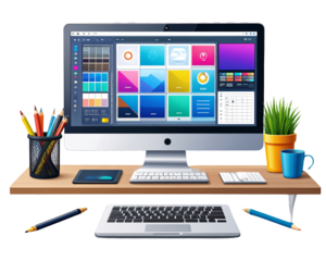 A vector illustration of a graphic designer’s workspace showing a laptop, desktop mong